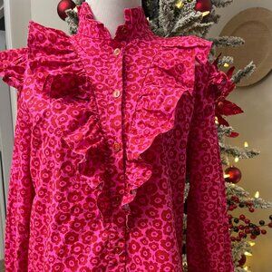 KARLIE Pink Red Floral Ruffle Button Blouse Size Small
